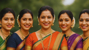 मराठी उखाणे महिला मंडळ सण साजरा करण्यासाठी एकत्रित आल्या आहेत