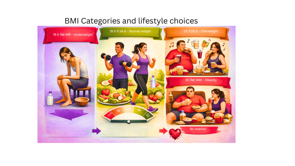 BMI Categories and lifestyle choices
 18.5 पेक्षा कमी – Underweight
18.5 पेक्षा कमी – Underweight
18.5 ते 24.9 – Normal weight
25 ते 29.9 – Overweight
30 पेक्षा जास्त – Obesity